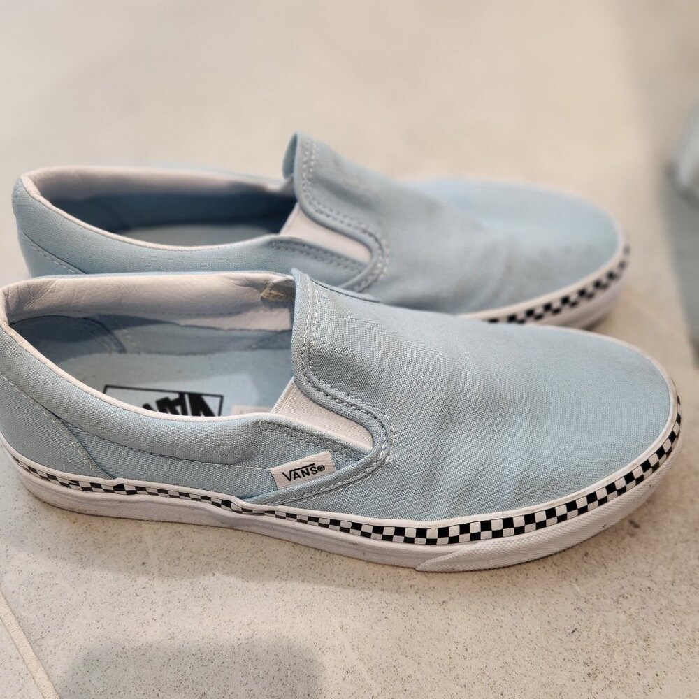 Vans blue with checkered stripe slip on